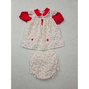 Vintage Baby Dress Set 6–9 Months Red Floral Lace Trim Bloomers RN# 50225